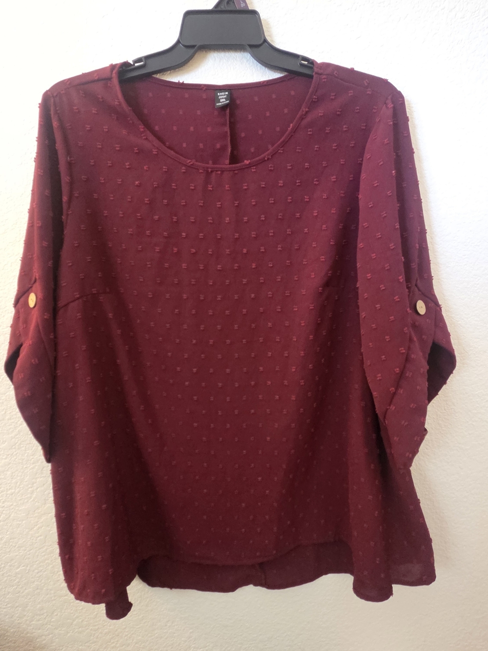 SHEIN Burgundy Swiss Dot Blouse with Roll-Tab Sleeves